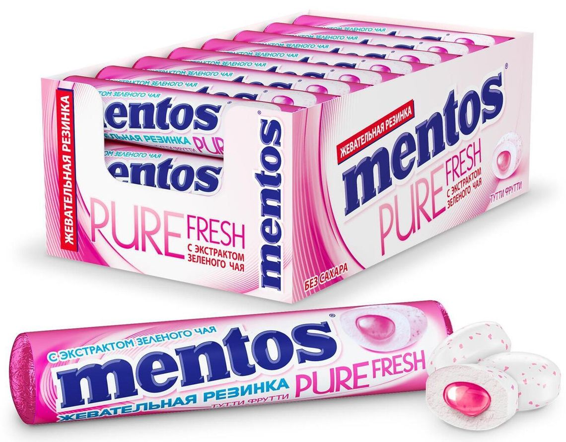 Жевательная резинка Mentos Тутти Фрутти Pure Fresh, 24 пачки по 15,5 грамма