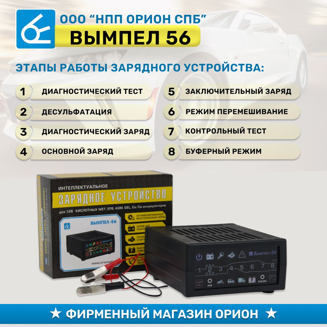 Зарядное устройство вымпел 56 интеллектуальное с диагностикой акб стартера генератора 20а