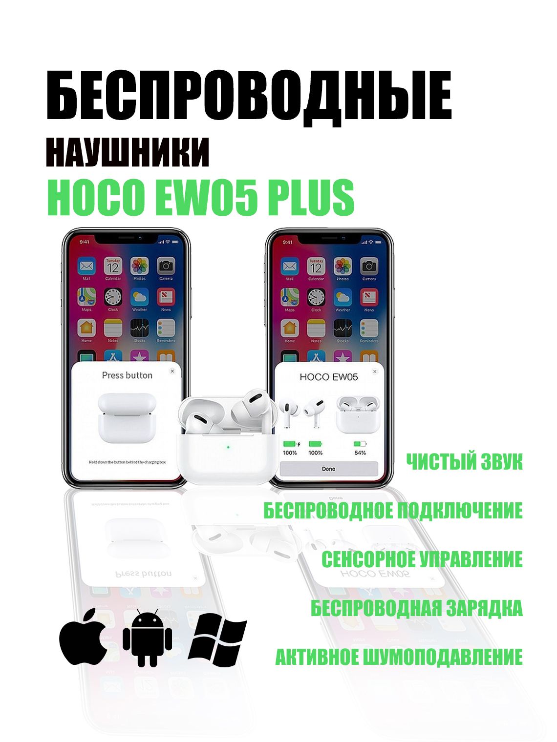 Беспроводные наушники HOCO EW05 plus / Блютуз для iPhone, Android и Windows  с микрофоном, с активным шумоподавлением / Сенсорное управление