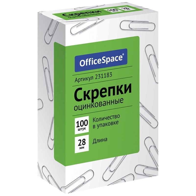 Скрепки OfficeSpace 28 мм, 100 штук, оцинкованные, картонная упаковка (231183)