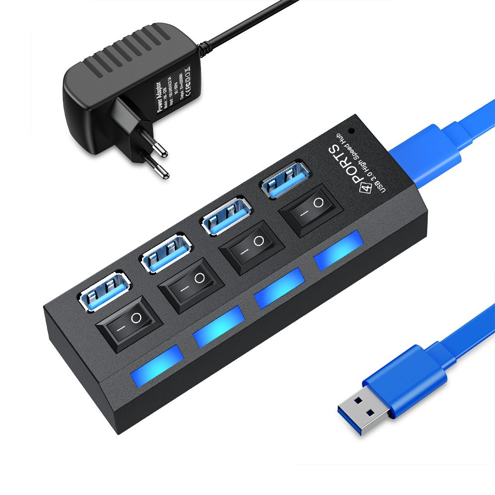 USB разветвитель 4 портов USB Hub 3 0 юсб хаб 3.0 переходник с usb блоком  питания, с 4 зависимыми переключателями для портативного компьютера ПК