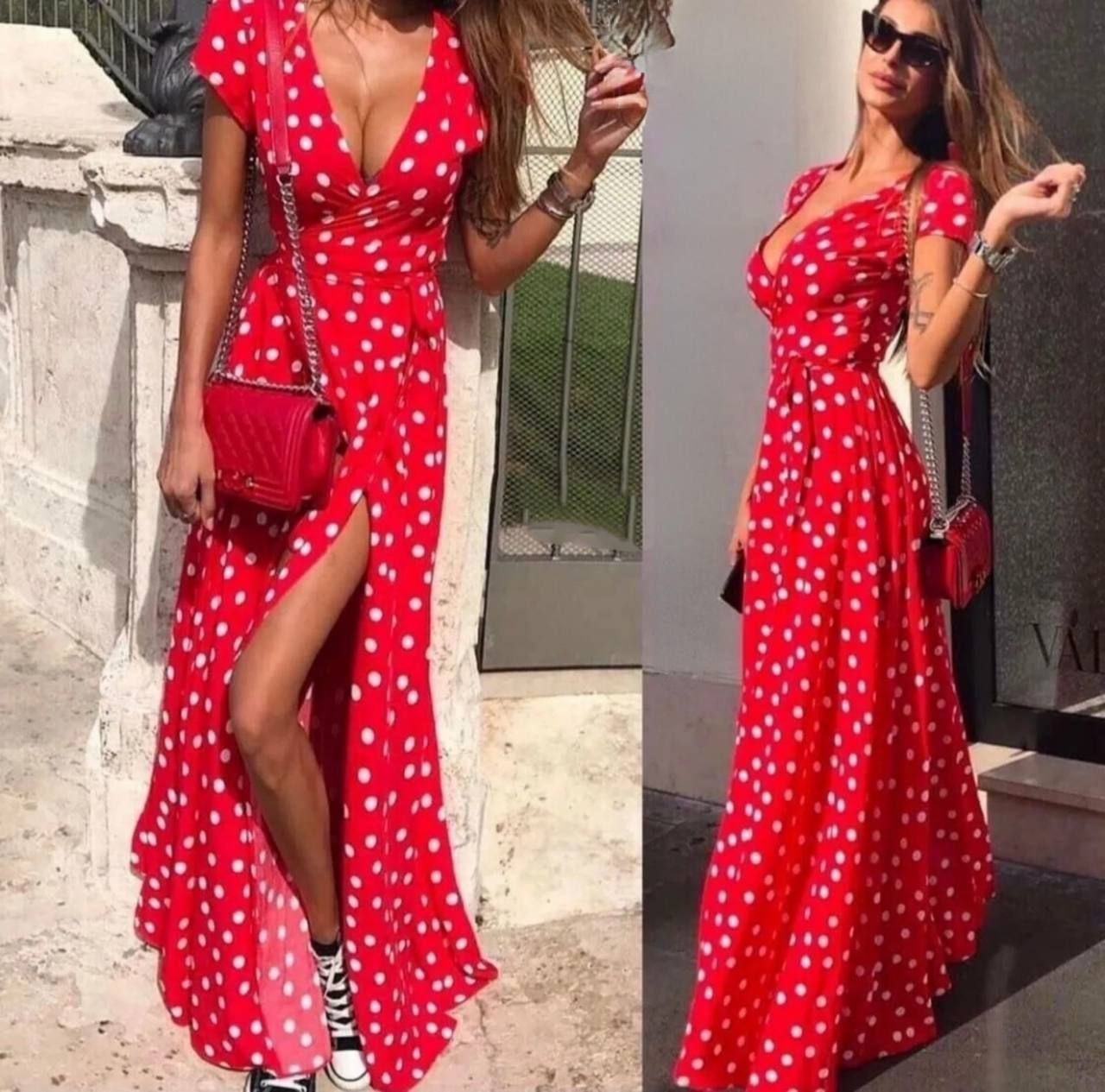 Длинное красное летнее платье