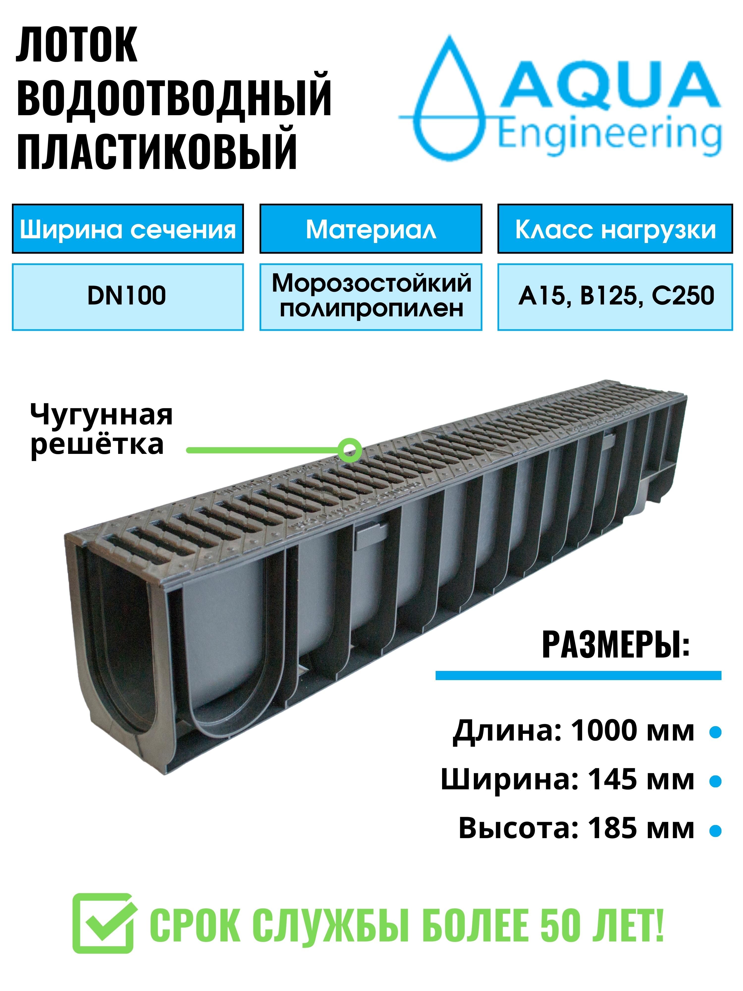 Лоток водоотводный пластиковый, дренажный, с чугунной решёткой,  1000x145x185 мм.