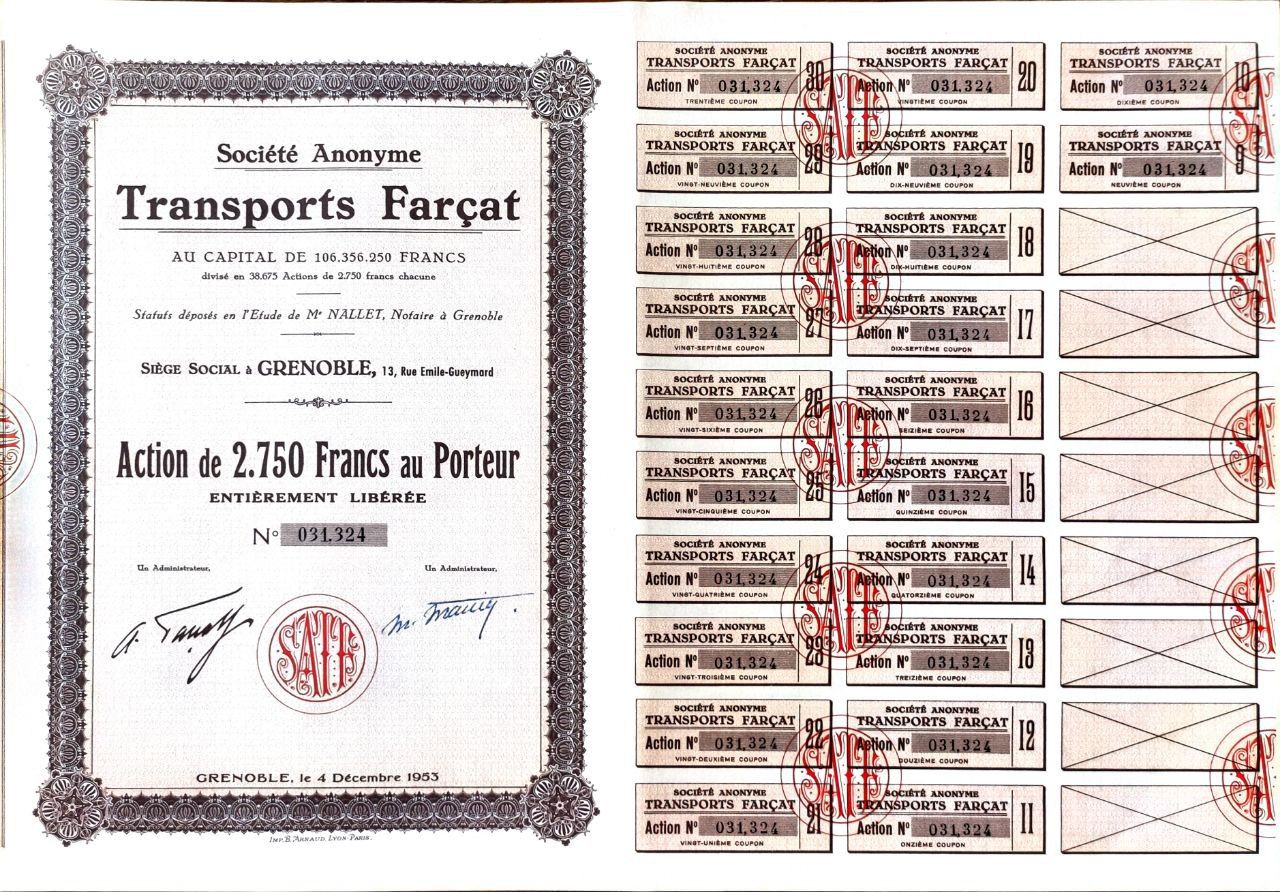 АО "Transports Farat". Акция в 2.750 франков, на Предъявителя. 1953 г.