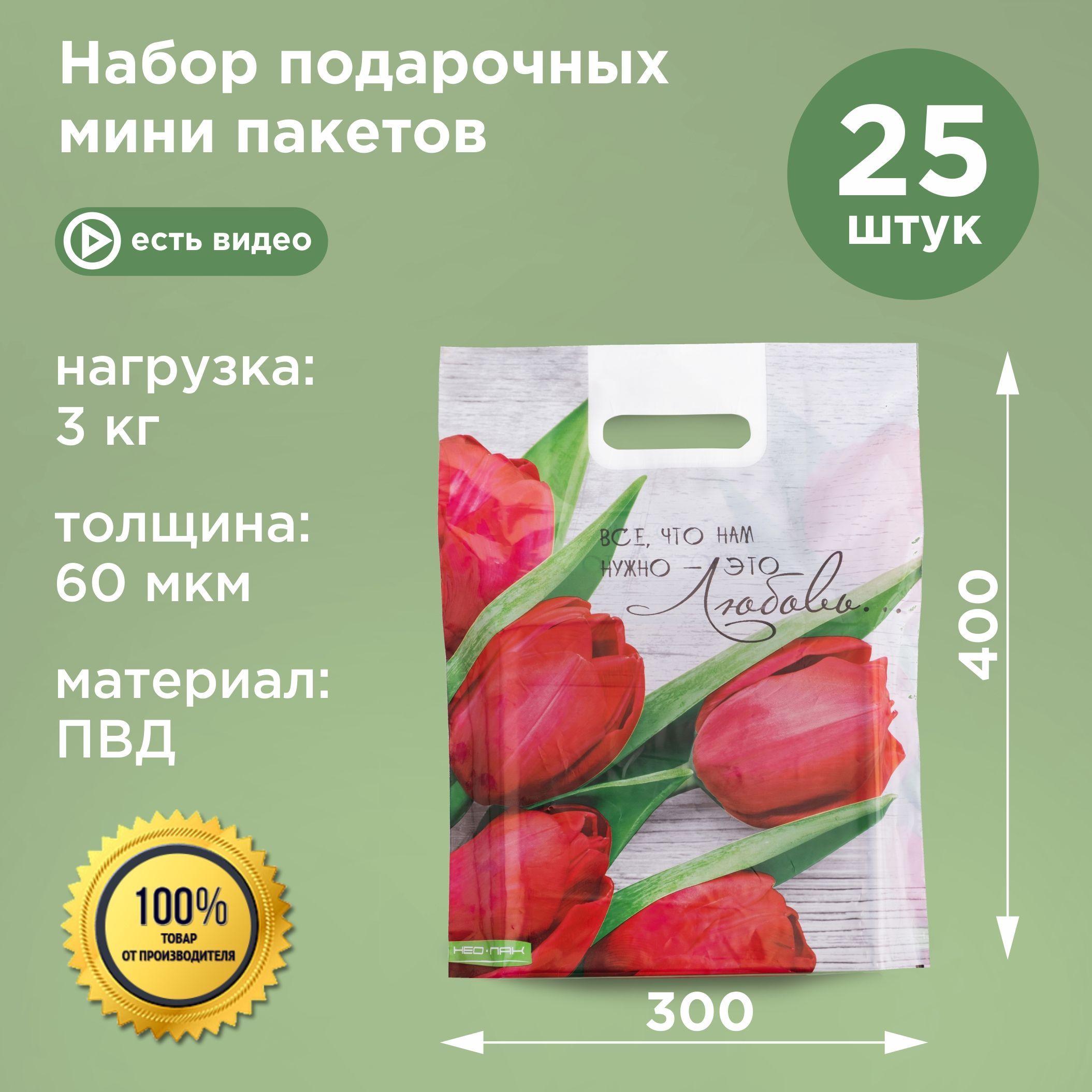 Пакет подарочный 30х40/60 мкм ПВД с вырубной укрепленной ручкой 