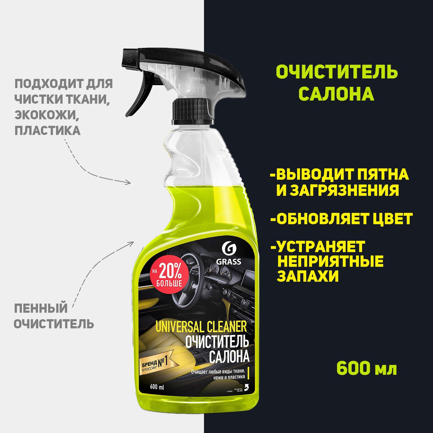 Очиститель салона Grass Universal Cleaner, пятновыводитель, чистка салона  автомобиля, 600 мл