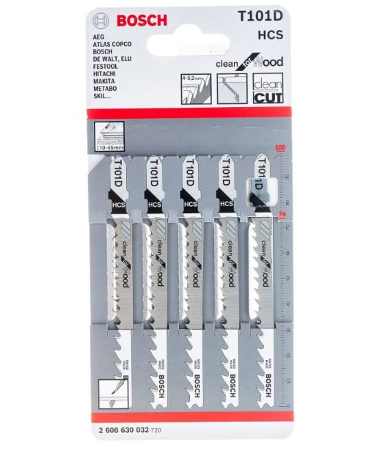 ПилкидлялобзикаBoschT101D(2.608.630.032)подеревуL74ммчистыйрез(5шт.)