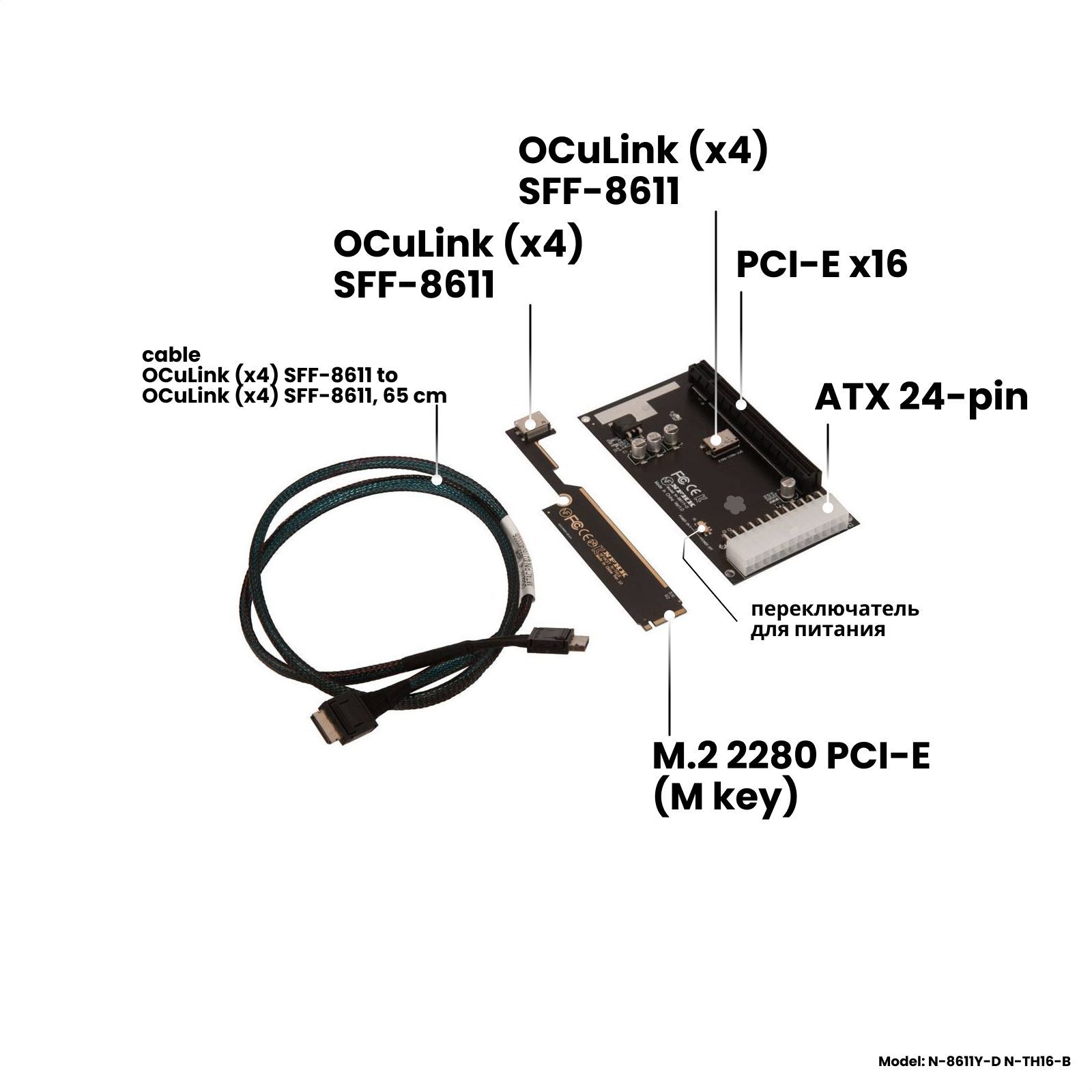 Платарасширения(райзер)дляподключениявнешнейвидеокартыкноутбукуLenovoThinkBook16M.2PCI-EнаPCI-E4.0х16синтерфейснымкабелемOculink(x4)SFF-8611toSFF-8611,питаниеATX24pin