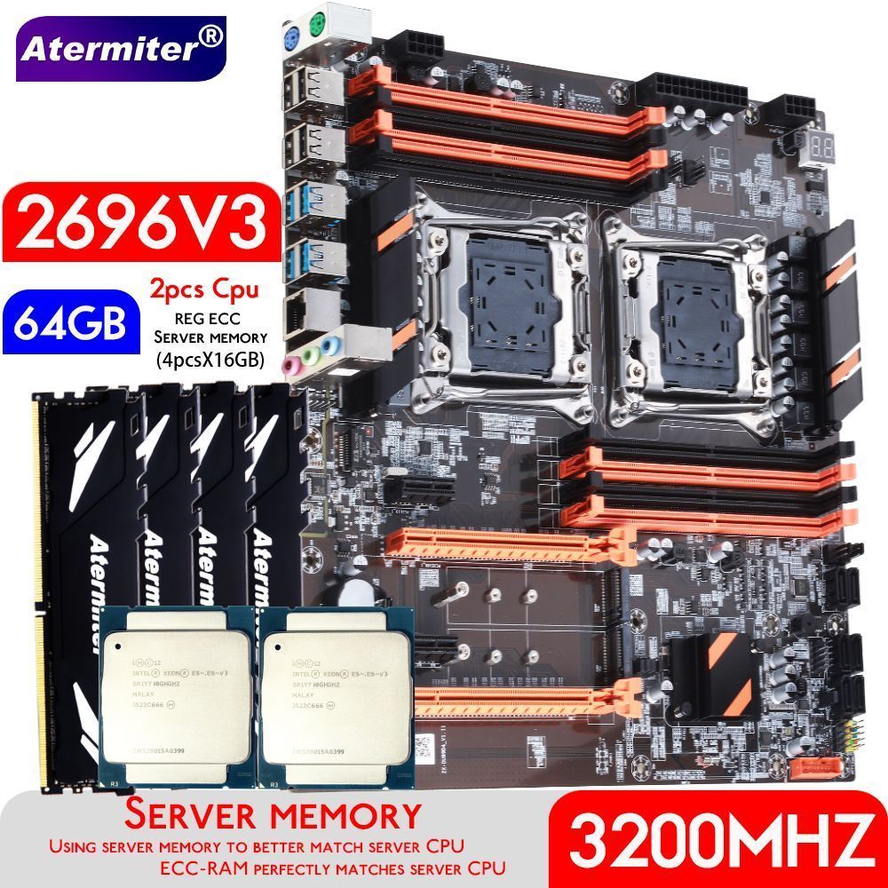AtermiterМатеринскаяплатаDualX99IntelLGA2011-3+XeonE52696V3X2pcs2,3ГГц(18ядер/36потока)+64ГбDDR43200МГцREGECCNVMEM.2