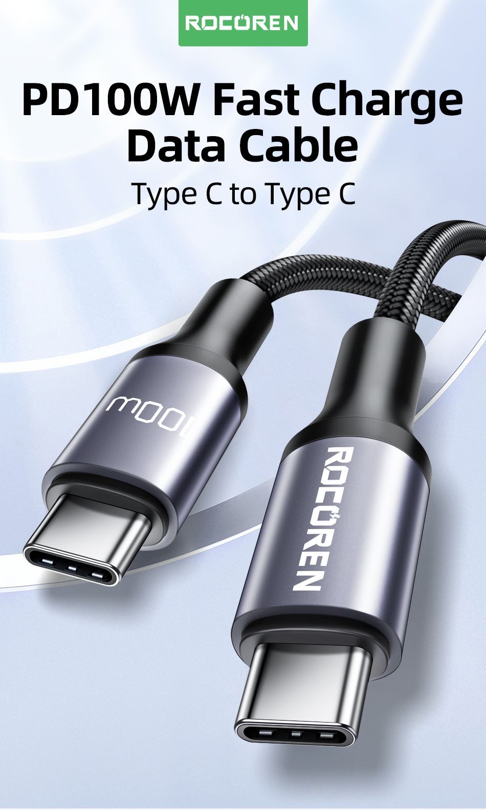 ROCOREN USB Type-C, PD 3.1, 100W, кабель зарядный 1,0м, черный