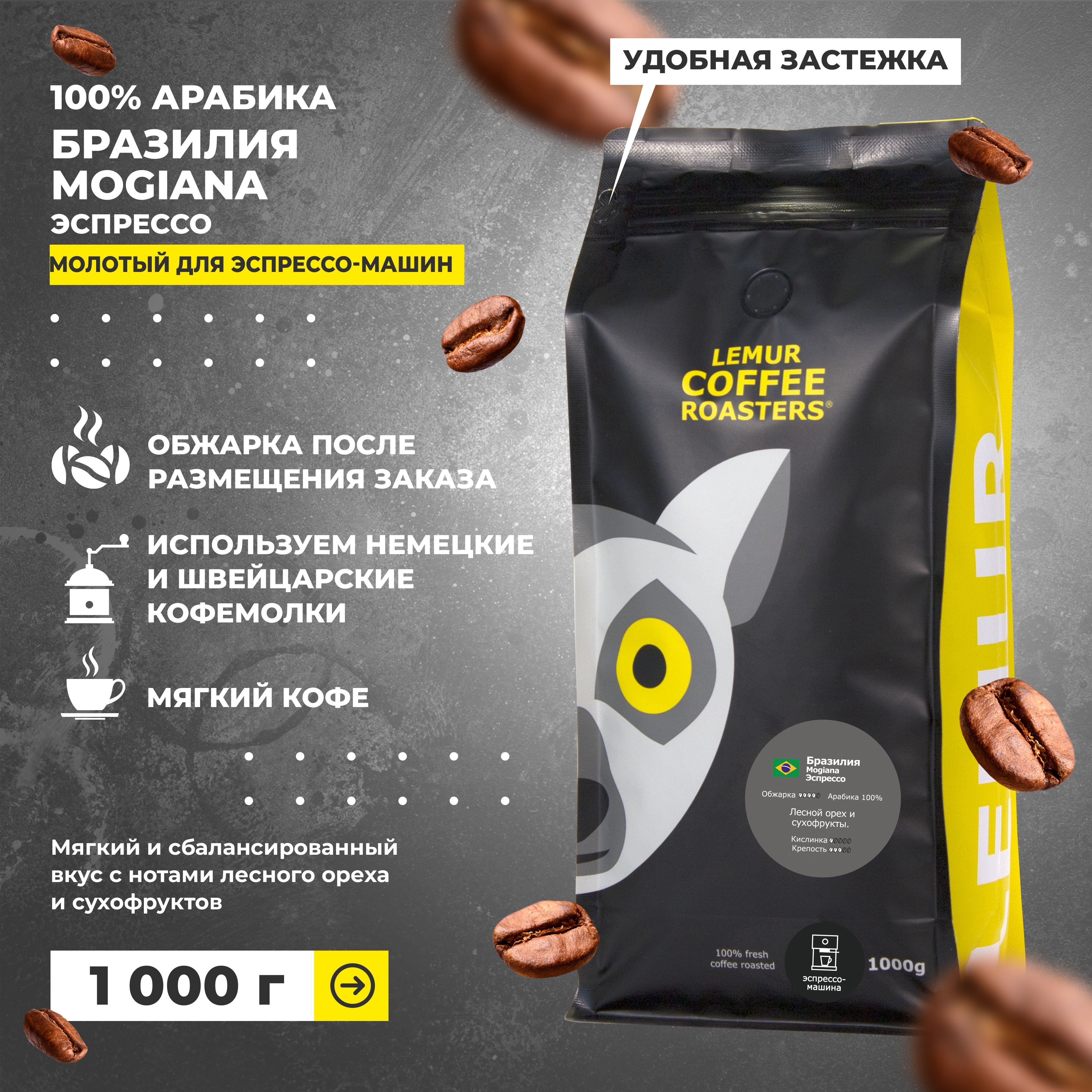 Бразилия Моджиана Эспрессо / Mogiana молотый для эспрессо машины Lemur Coffee Roasters, 1кг