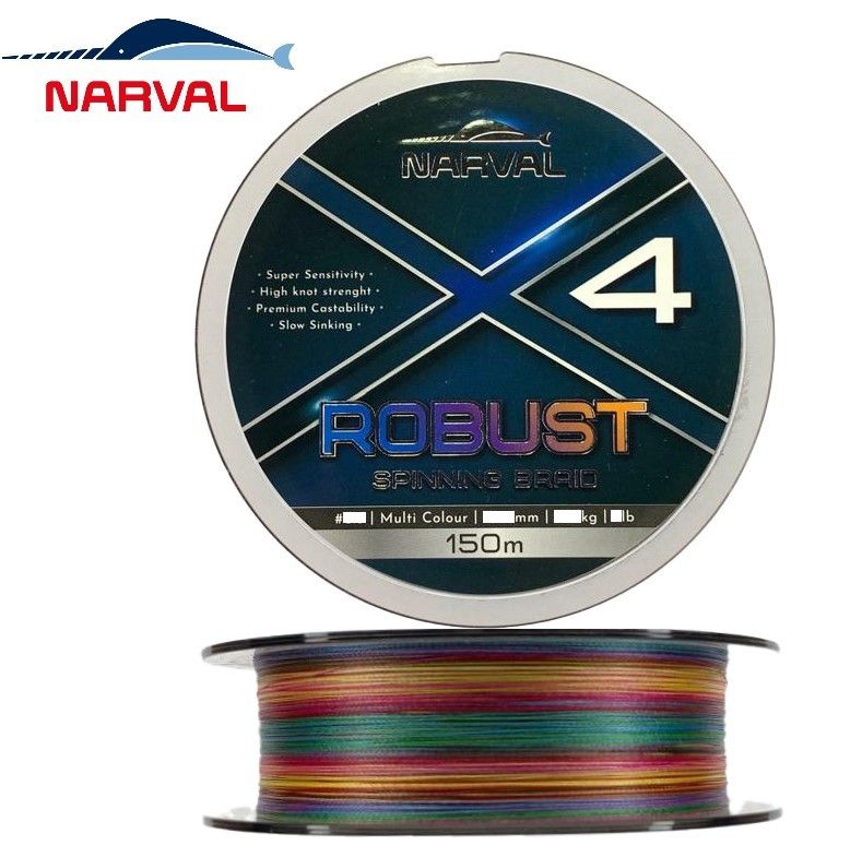 ШнурплетеныйNarvalFishingRobustX4PE150м#0.8/5,5кг(мультиколор)/Дляспиннингаифидера/ПлетенкаНарвалнасудака,щуку