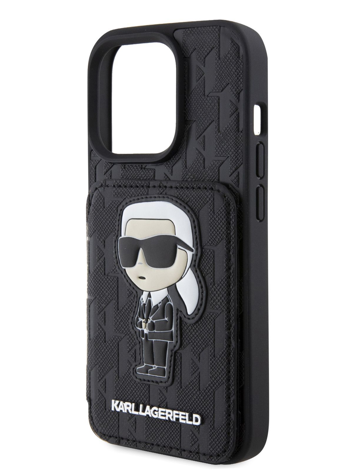 ЧехолKarlLagerfeldPUSaffianoCardslotStandнаAppleiPhone15Pro/дляАйфон15Произэкокожи,скартхолдером,сфункциейподставки,снашивкойNFTKarlIkonik,черный