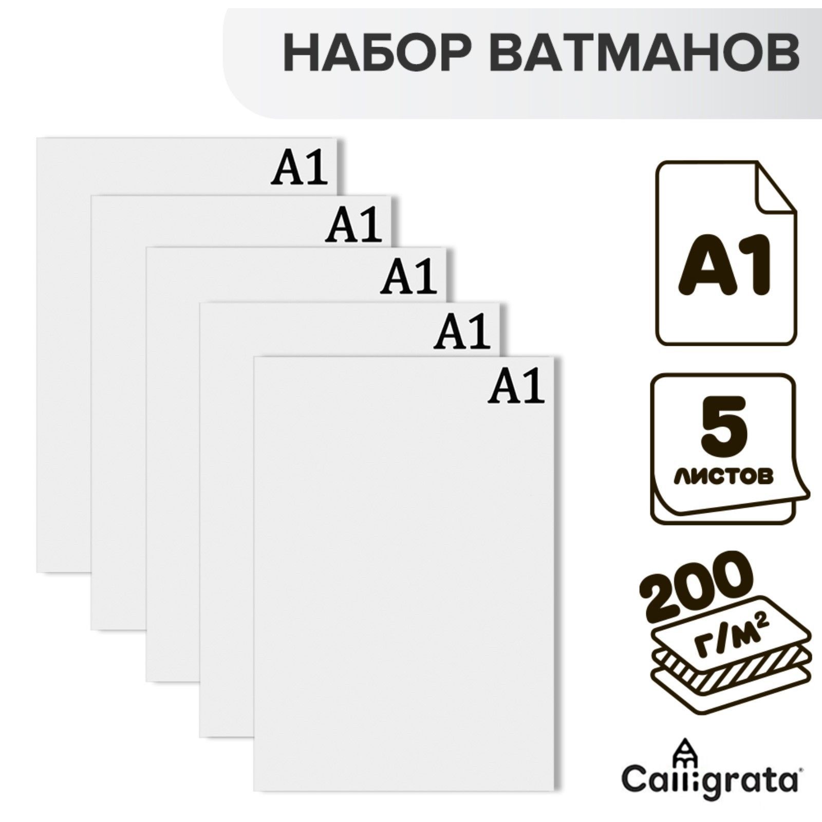 Набор 5 л ватман чертежный А1 200г/м2 В А1, бумага для рисования и черчения