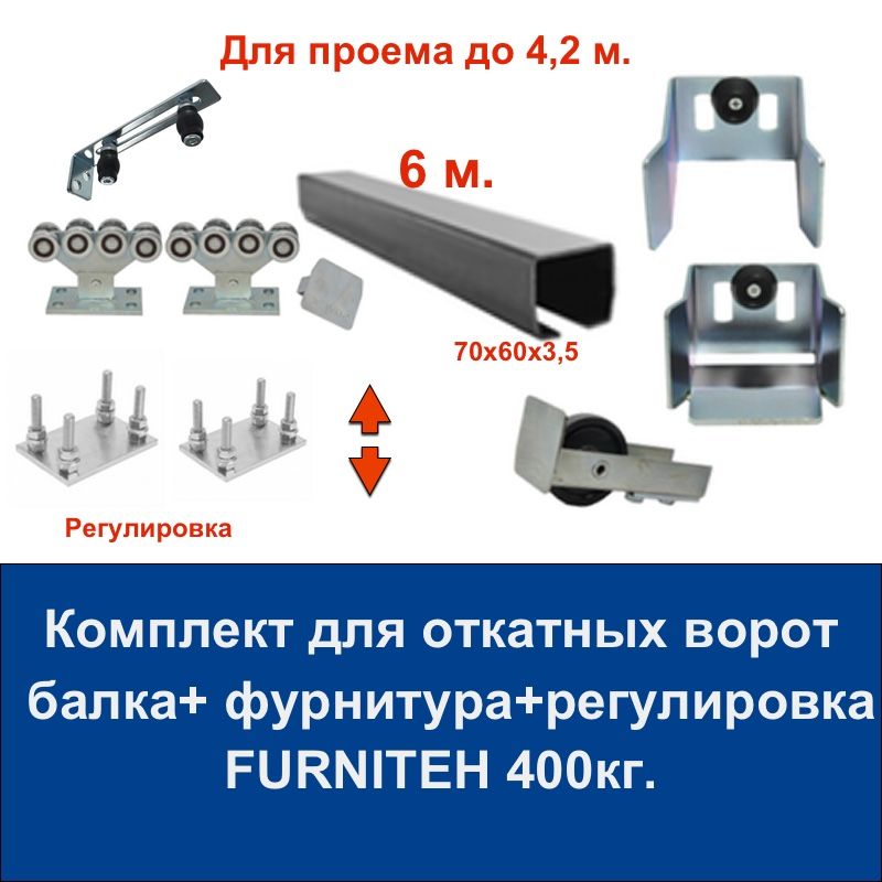 КомплектроликовсрегулировкойифурнитурыFURNITEHснаправляющейбалкой6м.дляоткатныхворот.Проемдо4,2м.Весдо400кг