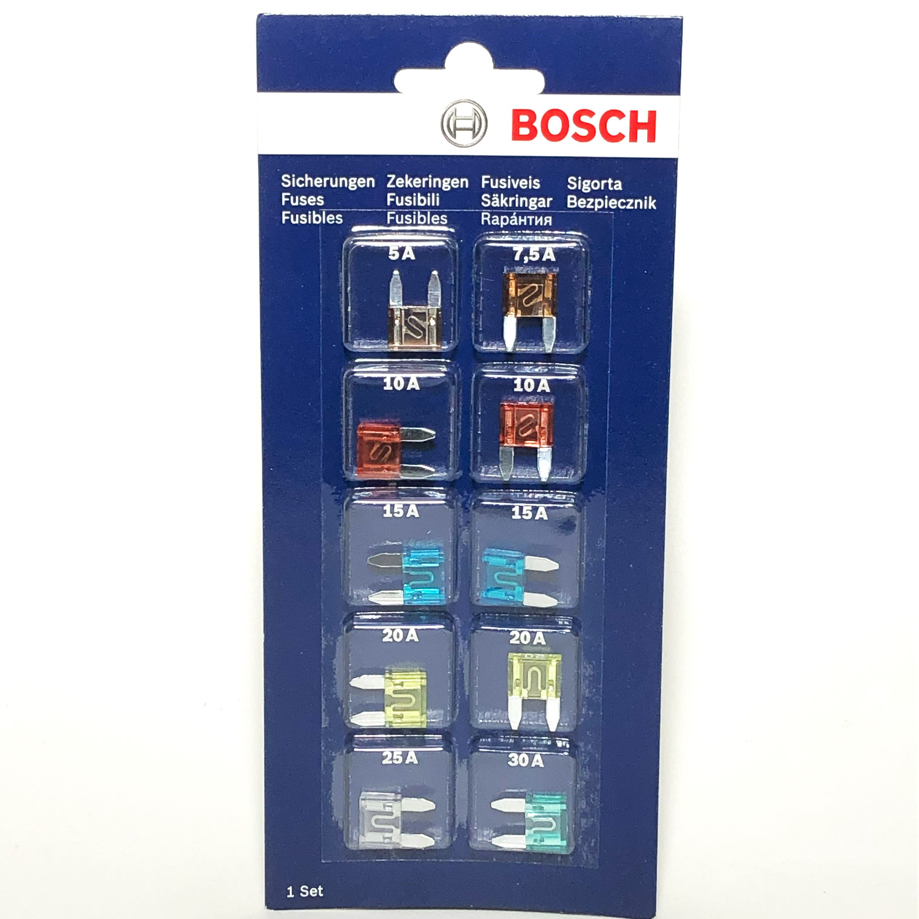 Предохранители автомобильные mini 5A-30A BOSCH, комплект из 10 шт, 1987529038