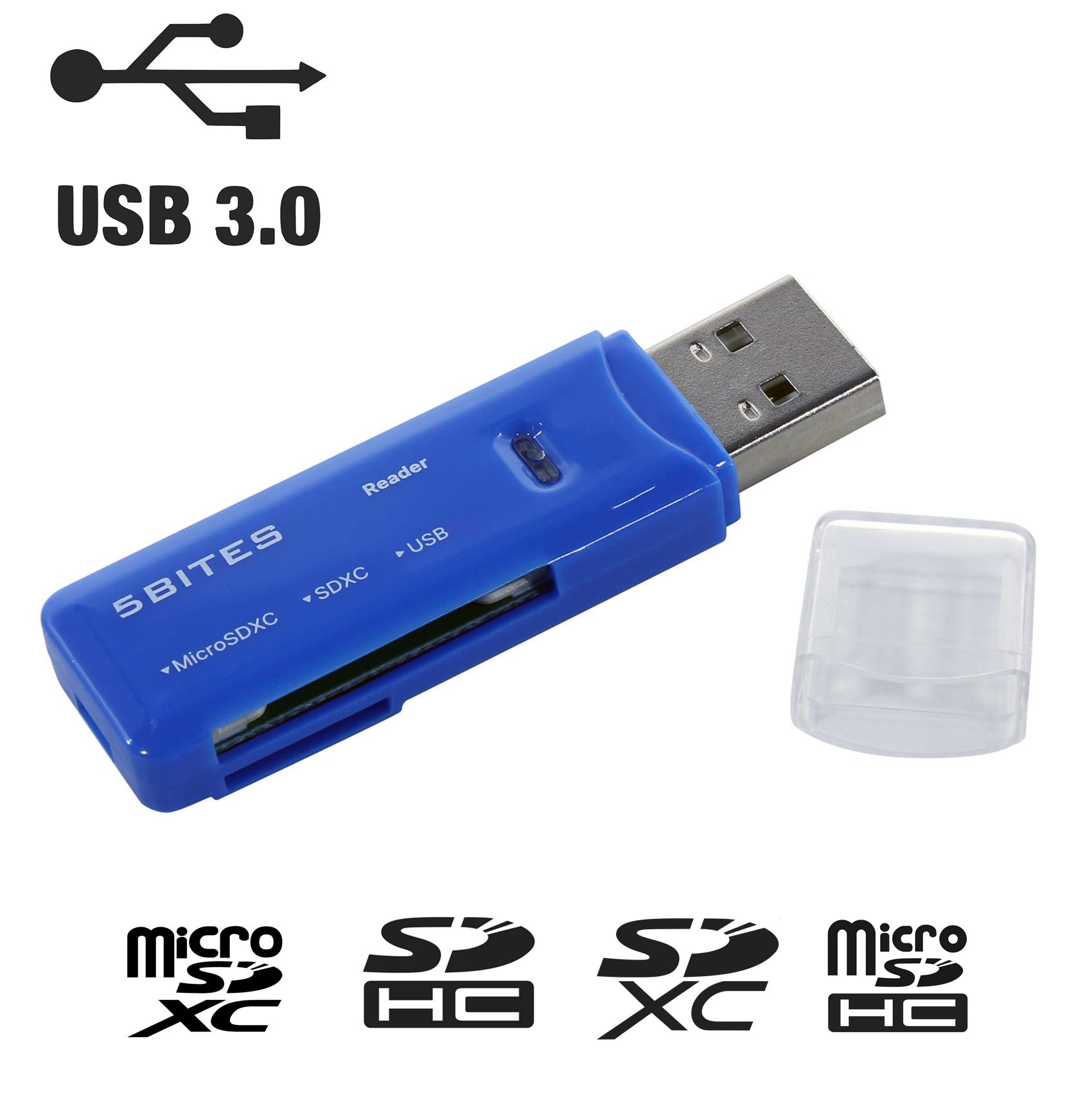 КартридерUSB3.0,SD,microSD,TF,SDHC,SDXC,синий,5bitesRE3-200BL