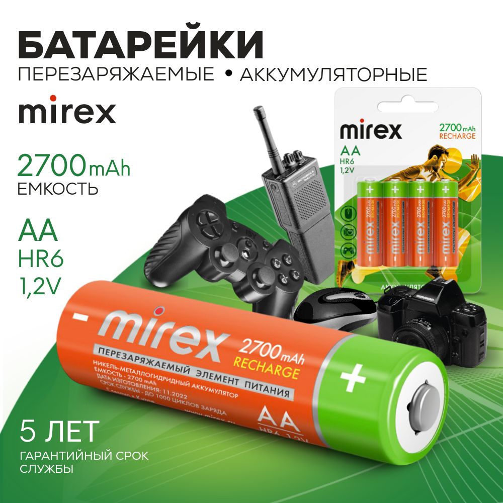 Mirex Аккумуляторная батарейка AA, 1,2 В, 2700 мАч, 4 шт - купить с  доставкой по выгодным ценам в интернет-магазине OZON (1109214567)