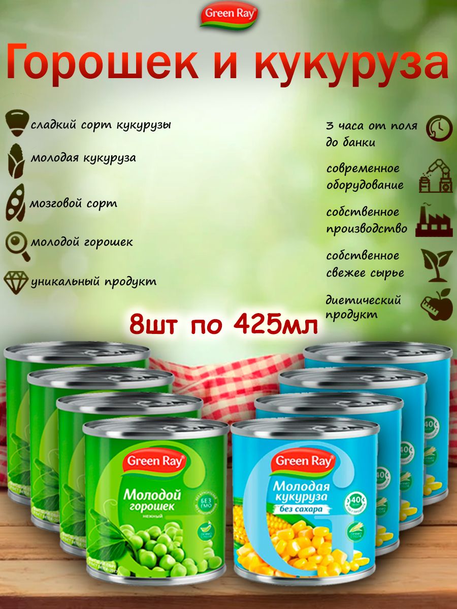 Горошек молодой,кукуруза без сахара, Green Ray, 8шт по 425мл