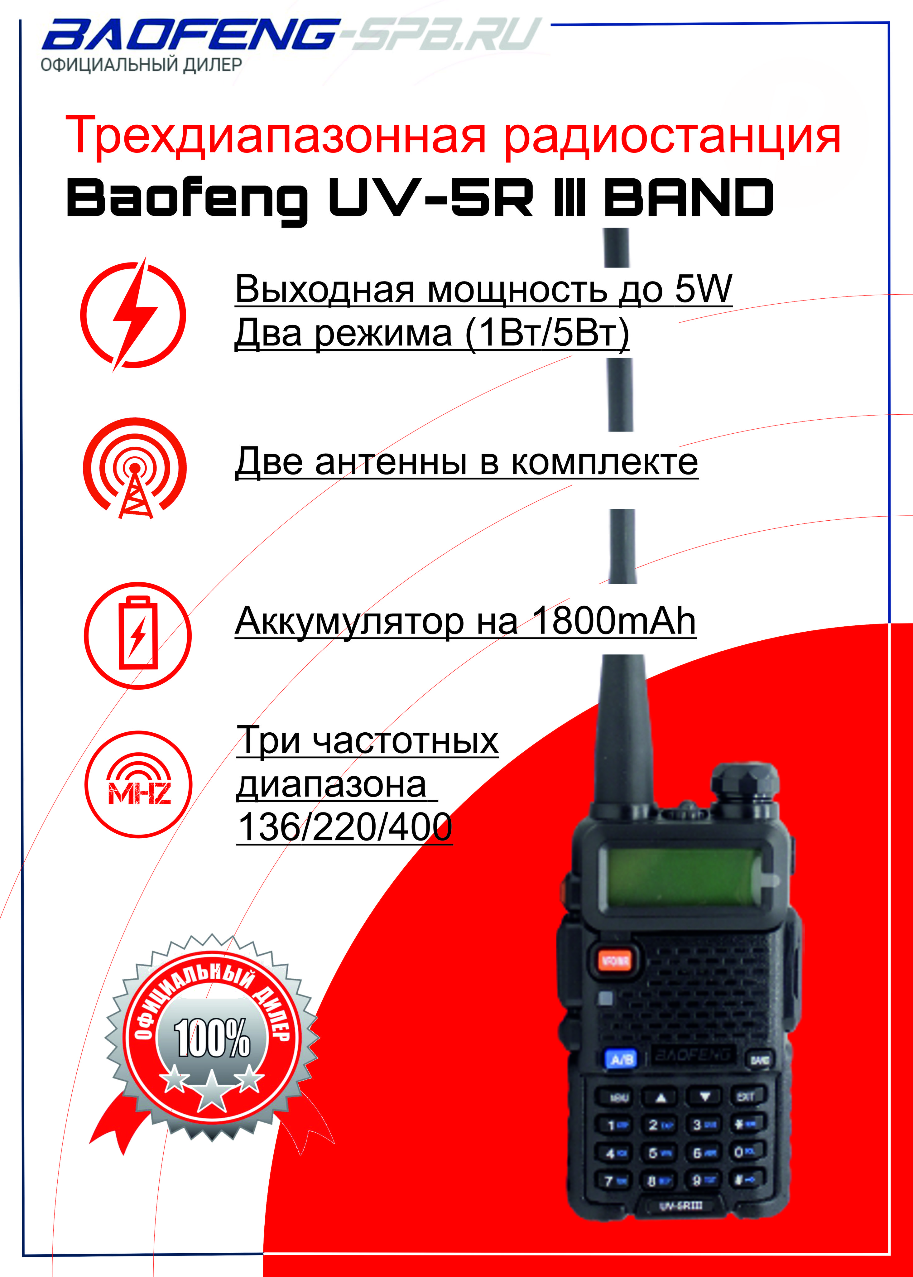 Рация портативная (радиостанция) Baofeng UV-5R Tri-band (три диапазона  частот) 2 антенны в комплекте