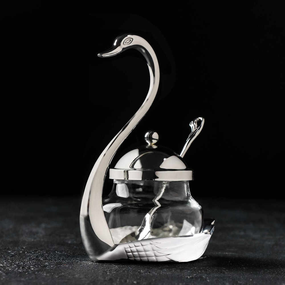 Сахарница "Лебедь", емкость для хранения саха и меда, размер 11,5х8х16 см, с ложкой, цвет металла серебряный #1