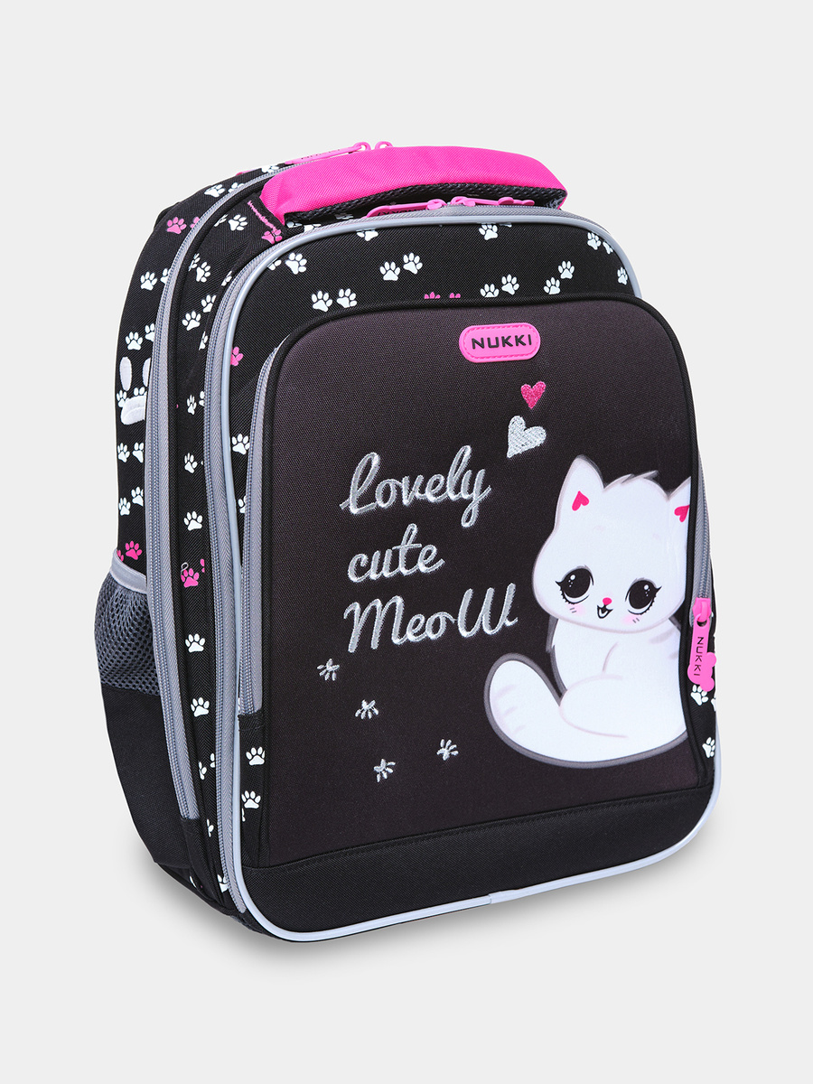 Ранец школьный для девочек NUKKI Кошечка черный; светло-розовый с мешком для обуви, 370х300х160 мм, 800 #1