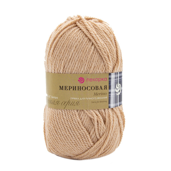 Пряжа Пехорка Мериносовая, шерсть меринос, 124 песочный, 100 г, 200 м ...