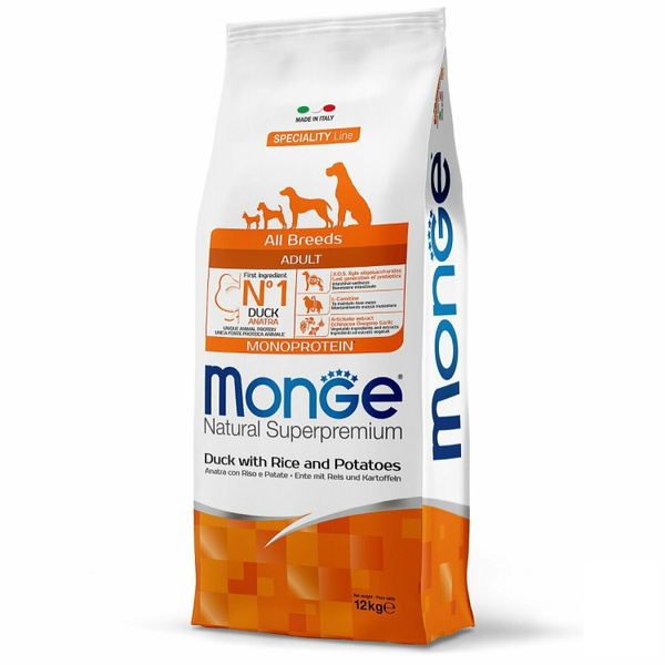 Корм сухой Монж с уткой, рисом и картофелем для собак Monge Dog All ...