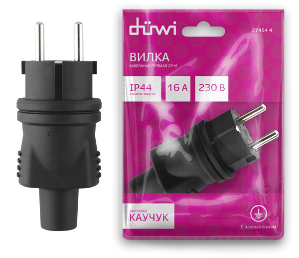 Вилка с заземлением 16A IP44 каучуковая прямая черная duwi 27454 4 ...