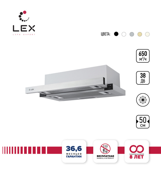Вытяжка кухонная на 50 см встраиваемая LEX Hubble 500 Inox, 50 см ...