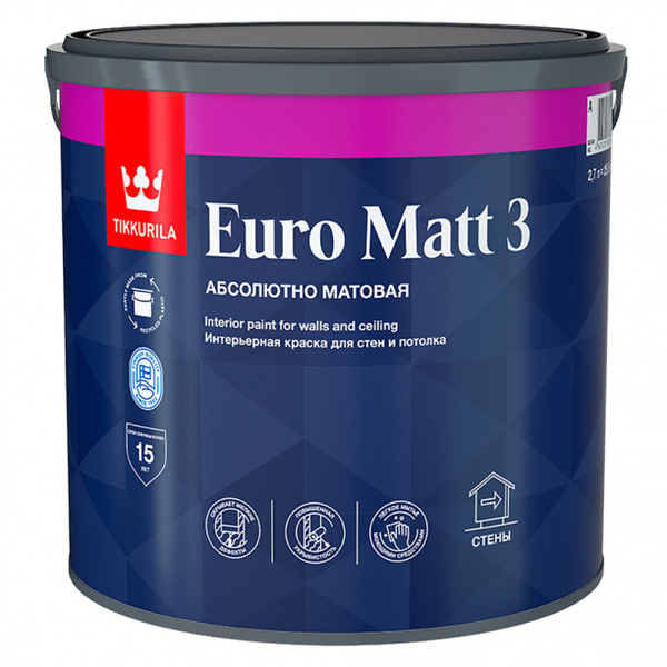 Краска Tikkurila моющаяся латексная матовая Euro Matt 3 белая 2,7 л ...