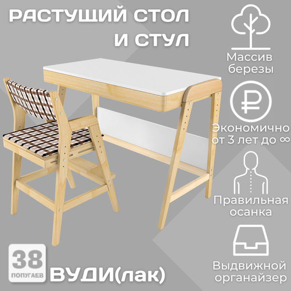 Растущий письменный стол для школьника с ящиком органайзером и стулом и ...