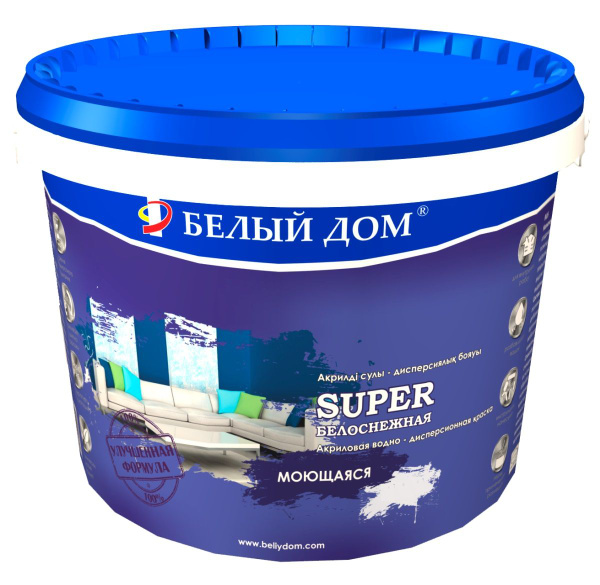 Краска Моющаяся акриловая водоэмульсия SUPER Гладкая, Водно ...