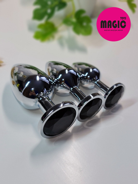 Анальные пробки Magic Toy набор 3 размера S, M, L, черные с кристаллом ...