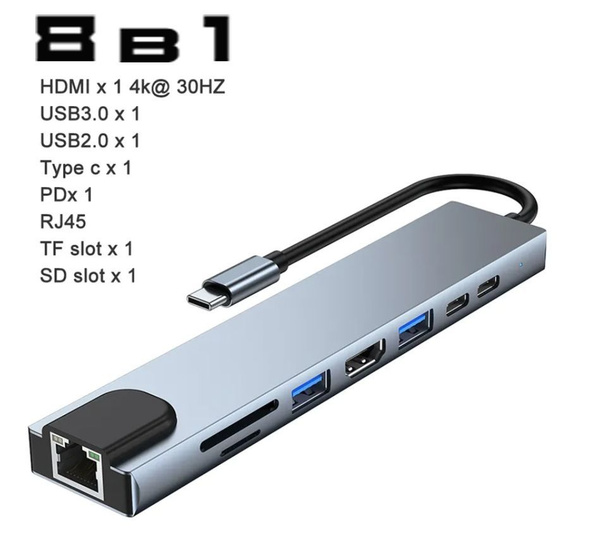 Хаб USB type-C адаптер-переходник GP Professional 8 в 1: HDMI 4K, RJ45 ...