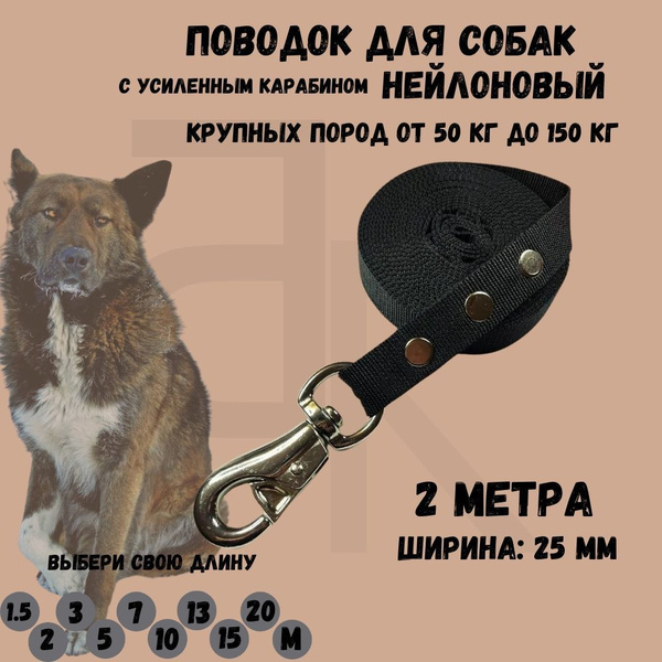 Поводок для собак нейлоновый с усиленным карабином 2 м х 25 мм черный ...