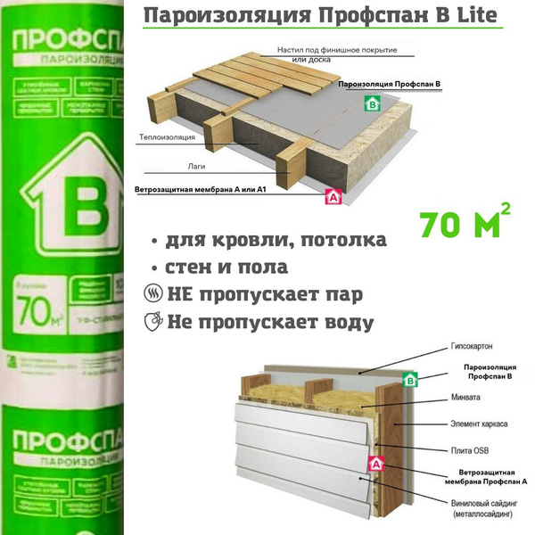 Пароизоляция Профспан B Lite 70 м.кв. ленка пароизоляционная для стен ...