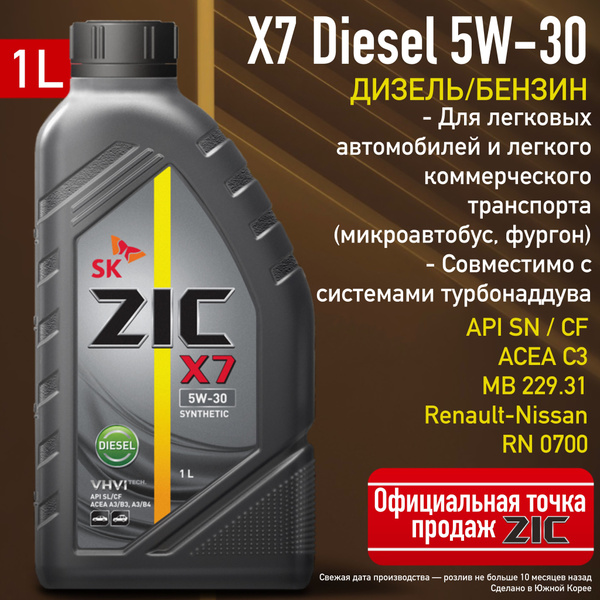 Масло моторное ZIC X7 DIESEL 5W-30 Синтетическое - купить в интернет ...