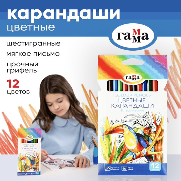 Карандаши цветные ГАММА, 12 цветов художественные, для рисования ...