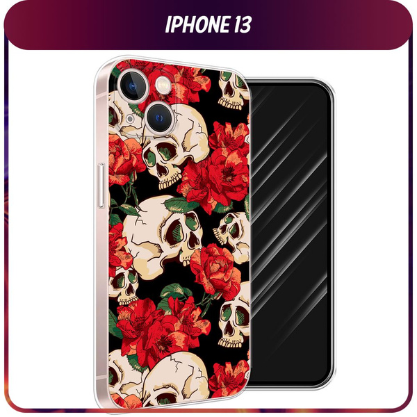 Силиконовый чехол на Apple iPhone 13 / Айфон 13 "Черепа с цветами ...