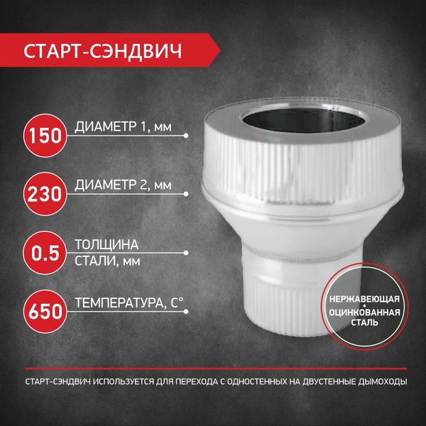 Старт - сэндвич для дымохода D 150 мм / D 230 мм, нержавеющая сталь 0,5 ...