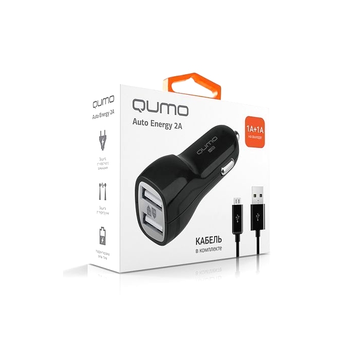 фото Автомобильное зарядное устройство Qumo, 5.2A, 2 USB, черный, кабель Type C в комплекте (Charger 0073)