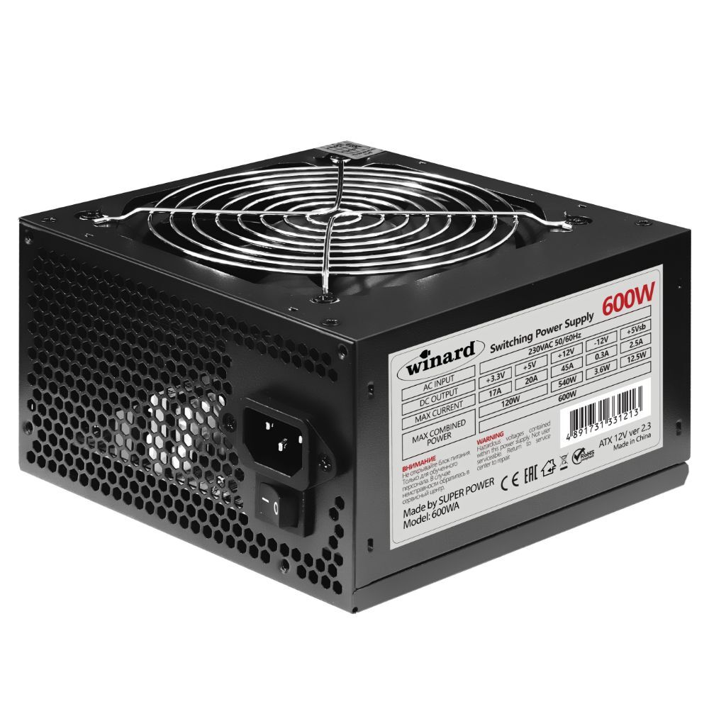 Блок питания Winard 600W (600WA12) ATX, 12cm fan, 20+4pin CPU (4+4), 4*SATA, 3*IDE , PCI-E (6+2),черный RET