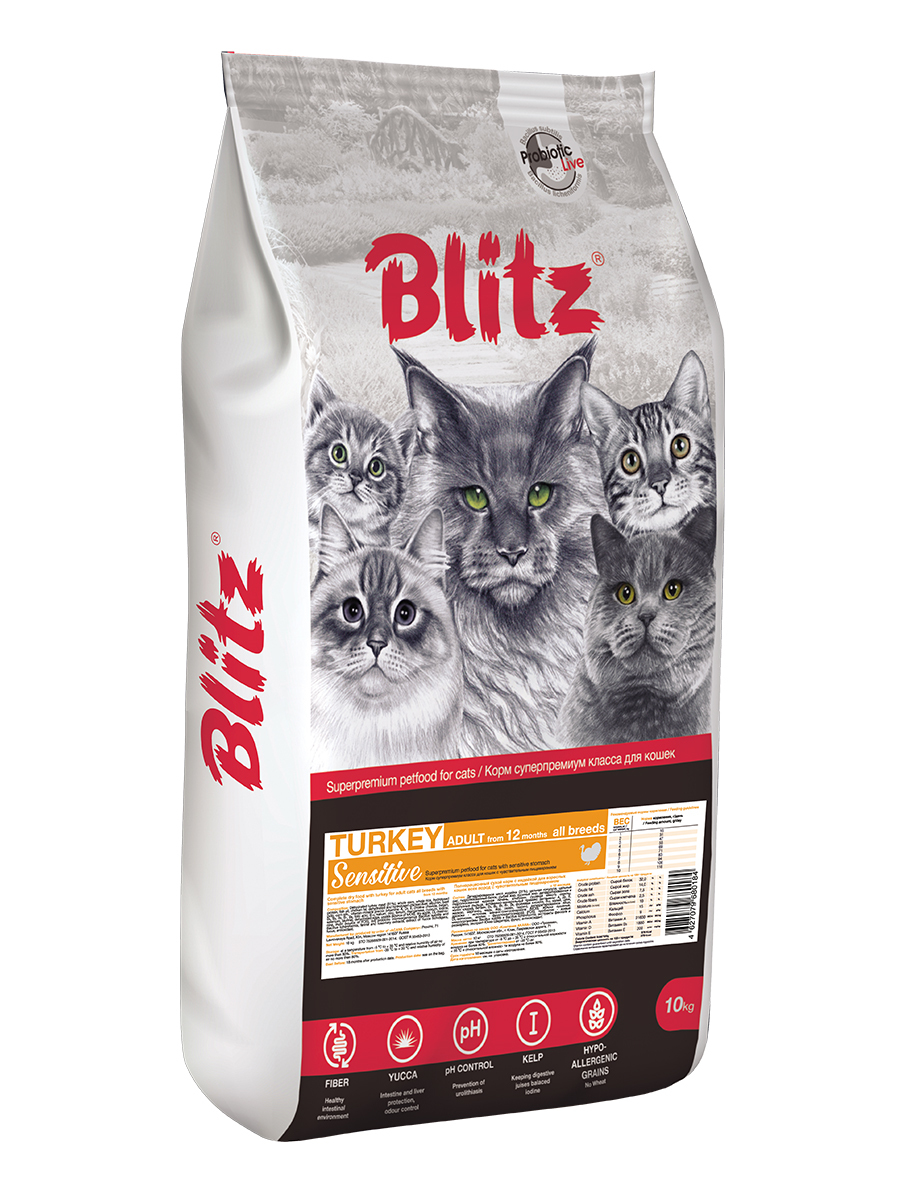 Blitz Sensitive Adult сухой корм для взрослых кошек с индейкой, 10 кг.