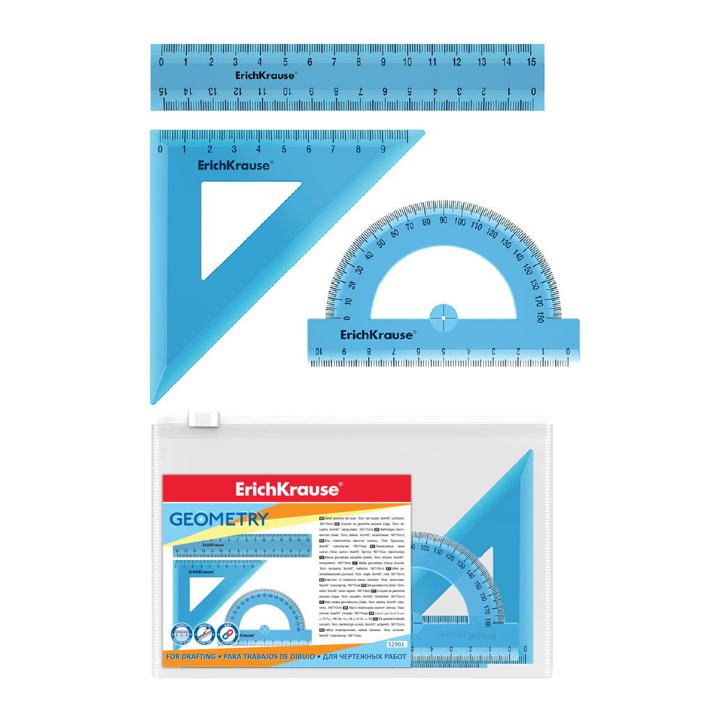 Набор геометрический Erich Krause "Standard" 3 предмета (линейка, угольник, транспортир), голубой,