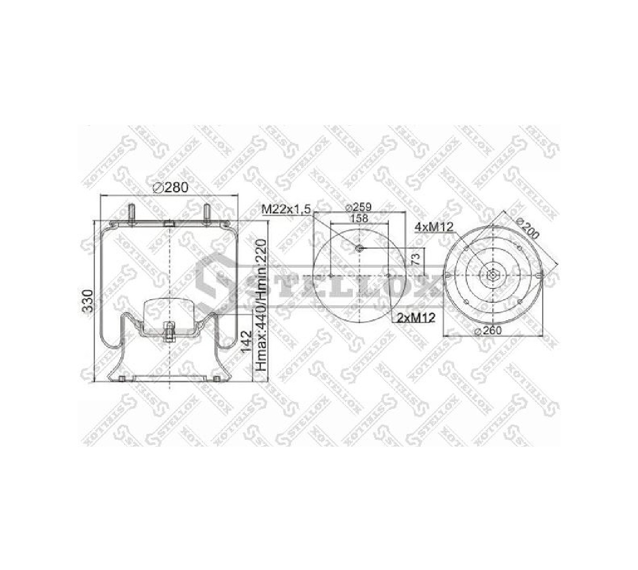 Пневмоподушка Со Стак.Saf2618 2Шп.m12. 1Отв.штуц.m22. Поршень Стальной 4Отв.m12 Saf Stellox арт. 9040041SX