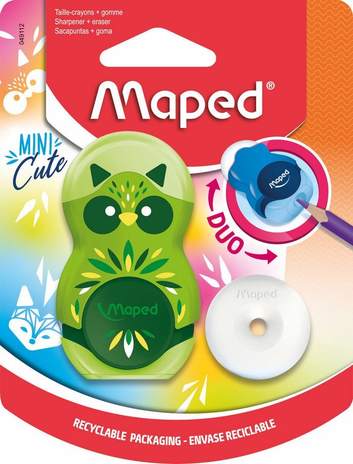 Точилка 1 отверстие Maped LOOPY MINI CUTE, с дополнительным ластиком, индивидуальная упаковка, зеленый корпус