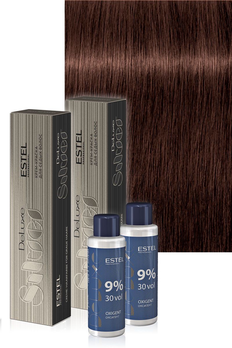 Estel DeLuxe Silver 4/75 Шатен коричнево-красный Крем-краска для седых волос 60 мл. - 2 шт. + Оксигент Estel De Luxe 9% - 2 шт.