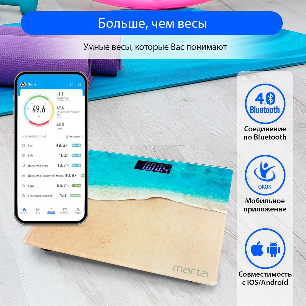 УмныевесыMARTAMT-SC1696диагностическиесBluetooth,25х21см,прибой