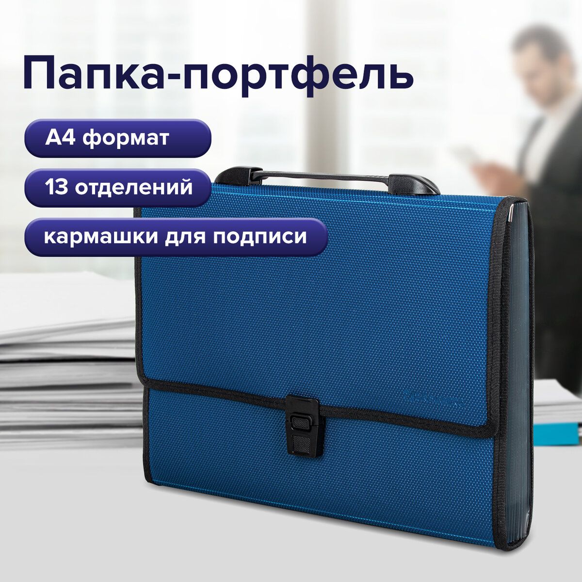 Папка-портфельпластиковаяBrauberg"Дипломат"А4(330х245х35мм)13отделений,фактура"бисер",синяя